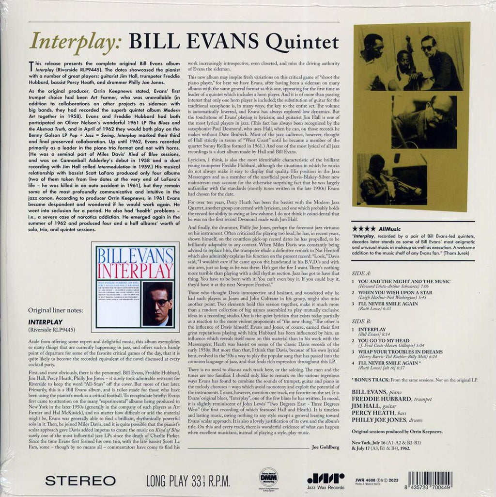 Bill Evans Quintet - Interplay (+bonus track) (ltd. ed.) (180g) vinyl LP back cover