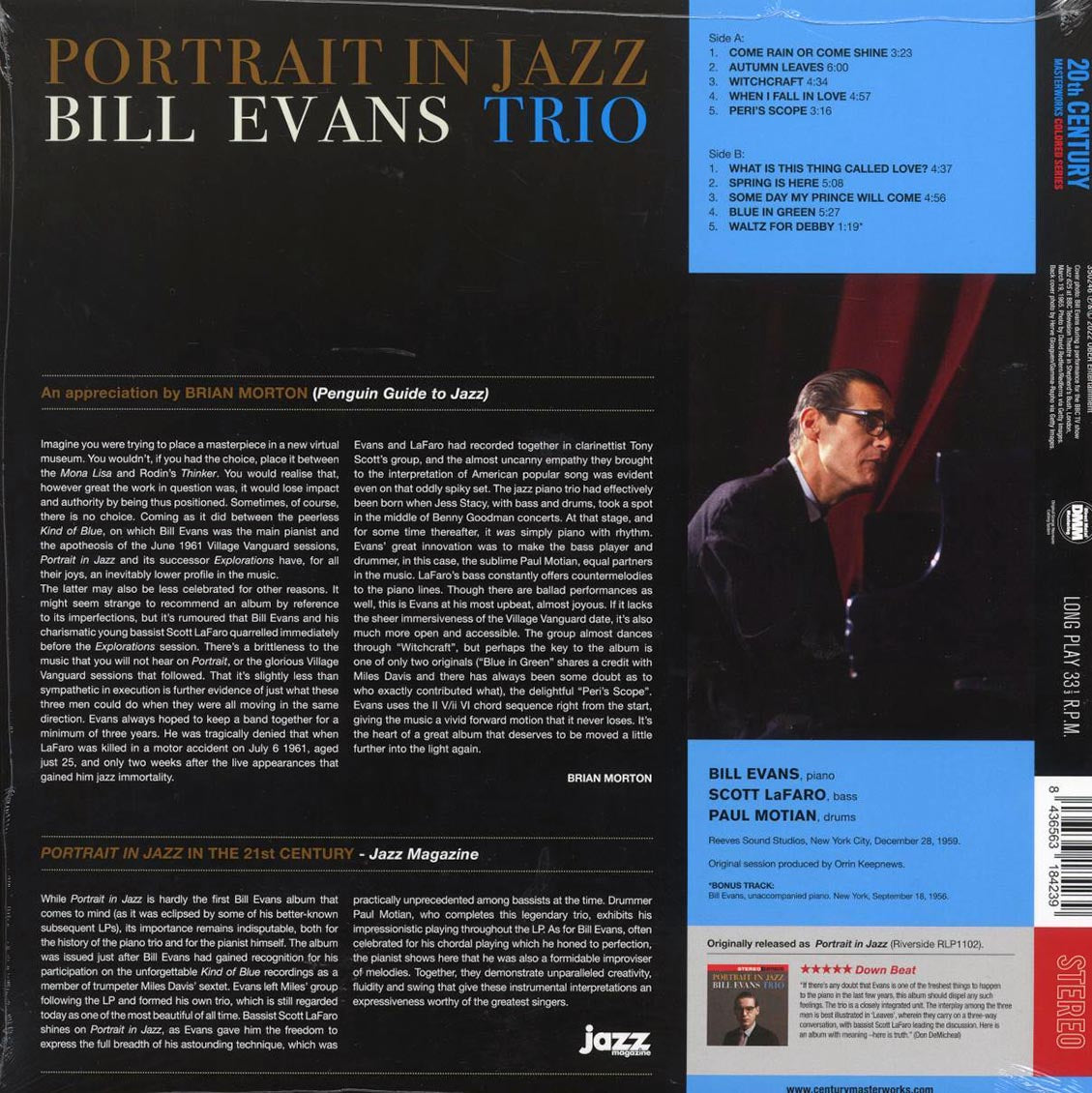 Bill Evans Trio - Portrait In Jazz (+bonus track) (ltd. ed.) (180g) (blue vinyl) vinyl LP back cover