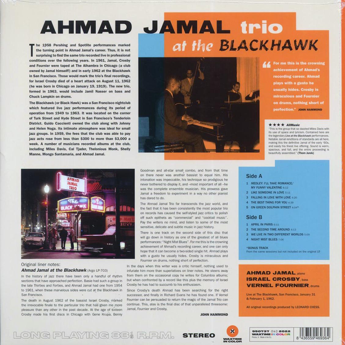 Ahmad Jamal Trio - At The Blackhawk (+bonus track) (ltd. ed.) (180g) (orange vinyl) vinyl LP back cover