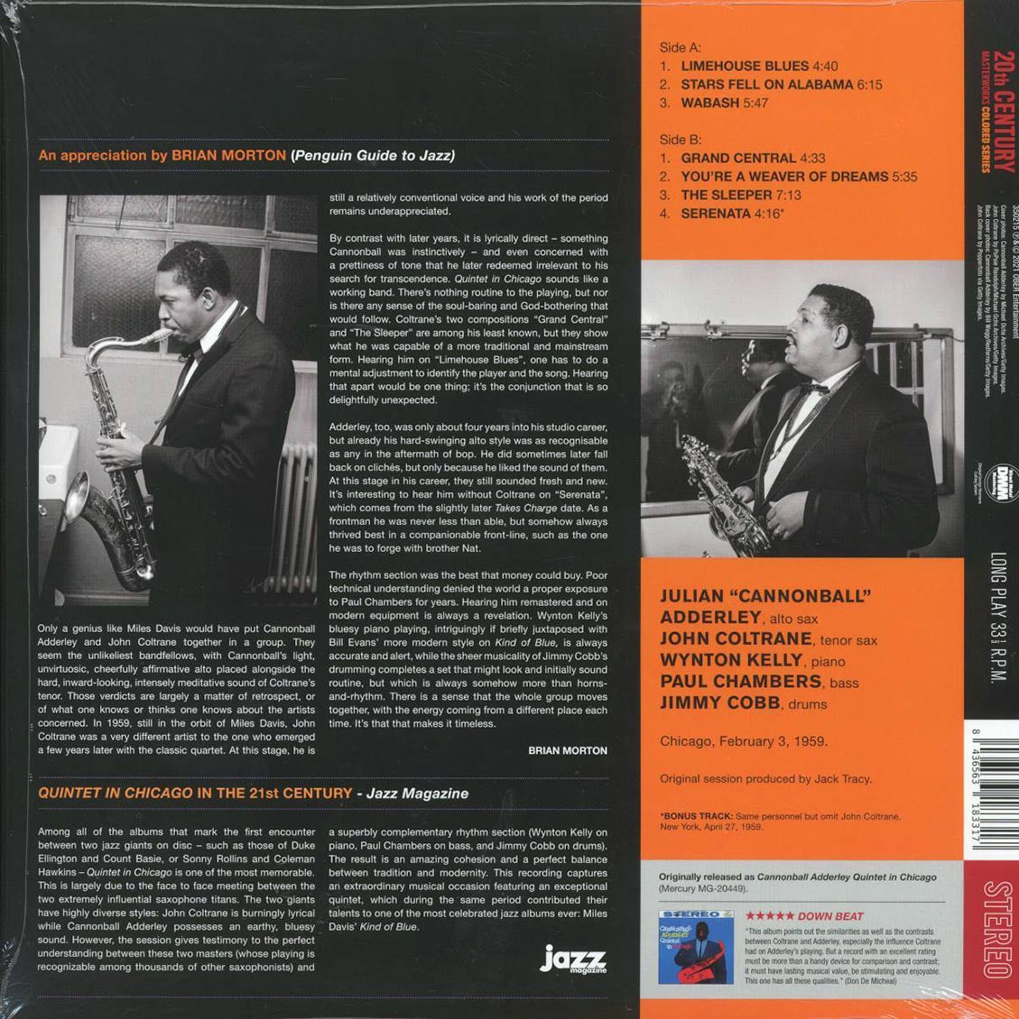 Cannonball Adderley, John Coltrane - Quintet In Chicago (+bonus track) (ltd. ed.) (180g) (blue vinyl) vinyl LP back cover