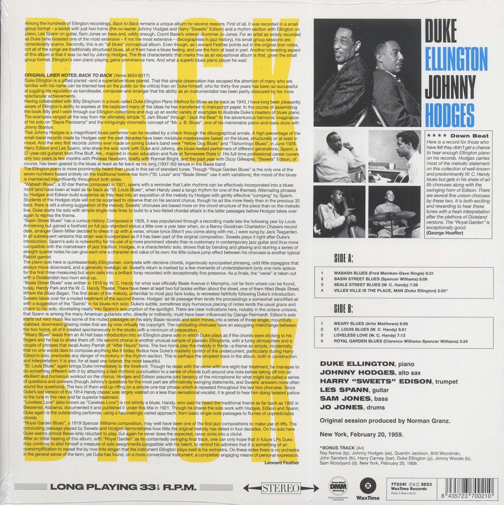 Duke Ellington, Johnny Hodges - Back To Back (+bonus track) (ltd. ed.) (180g) vinyl LP back cover
