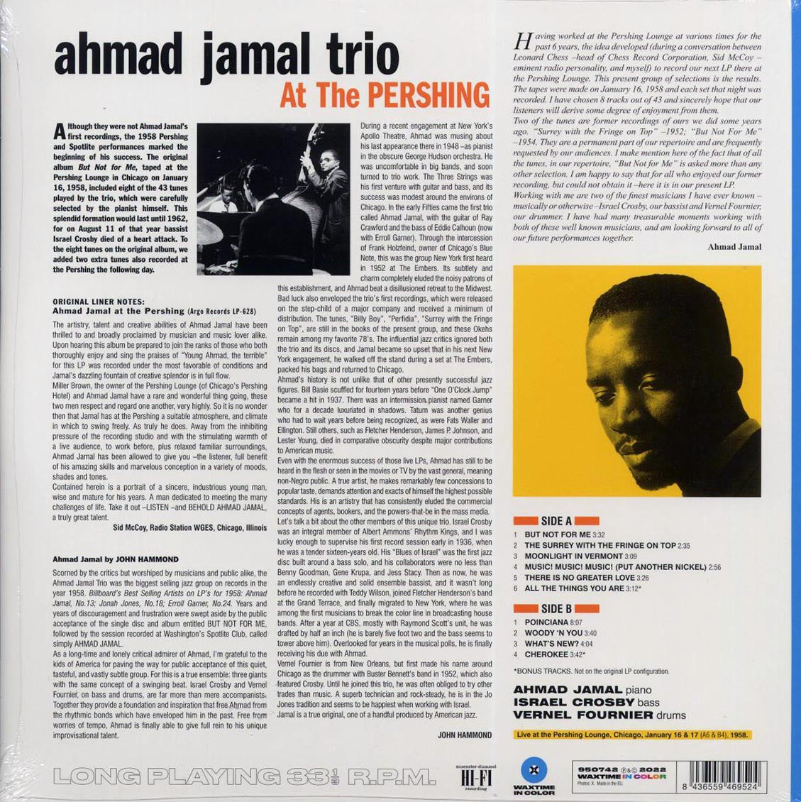 Ahmad Jamal Trio - Ahmad Jamal At The Pershing: But Not For Me (+2 bonus tracks) (ltd. ed.) (180g) (blue vinyl) vinyl LP back cover