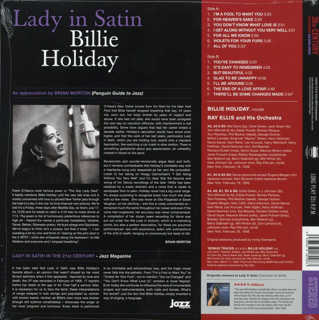 Billie Holiday - Lady In Satin (+3 bonus tracks) (ltd. ed.) (180g) (purple vinyl) vinyl LP back cover
