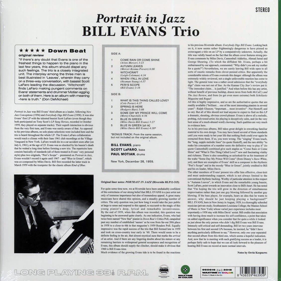 Bill Evans Trio - Portrait In Jazz (+bonus track) (ltd. ed.) (180g) (green vinyl) vinyl LP back cover