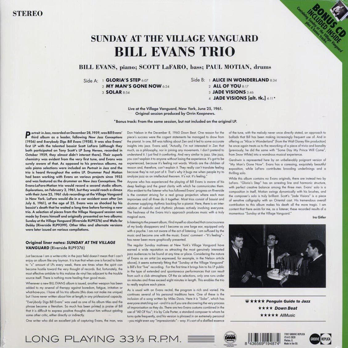 Bill Evans Trio - Sunday At The Village Vanguard (+6 bonus tracks) (ltd. ed.) (180g) (incl. CD) vinyl LP back cover