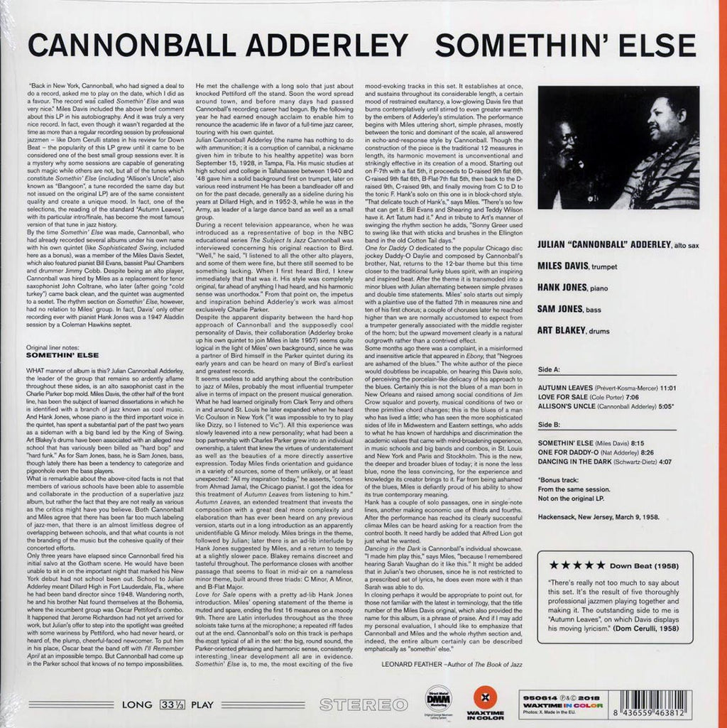 Cannonball Adderley, Miles Davis, Hank Jones, Sam Jones, Art Blakey - Somethin' Else (+bonus track) (ltd. ed.) (180g) (orange vinyl) vinyl LP back cover