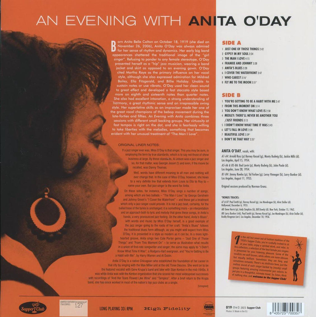 Anita O'Day - An Evening With Anita O'Day (+4 bonus tracks) (ltd. ed.) (180g) vinyl LP back cover