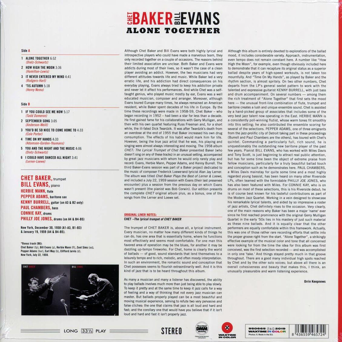 Chet Baker, Bill Evans - Alone Together (ltd. ed.) (180g) (red vinyl) vinyl LP back cover