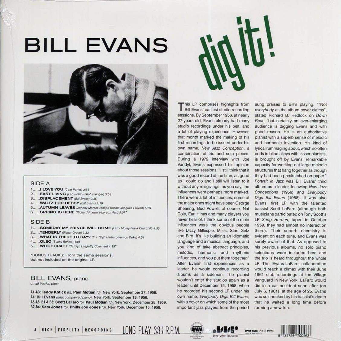 Bill Evans - Dig It! (+2 bonus tracks) (ltd. ed.) (180g) vinyl LP back cover