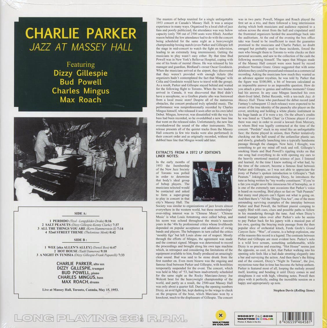 Charlie Parker, Dizzy Gillespie, Bud Powell, Charles Mingus, Max Roach - Jazz At Massey Hall (ltd. ed.) (180g) (yellow vinyl) vinyl LP back cover