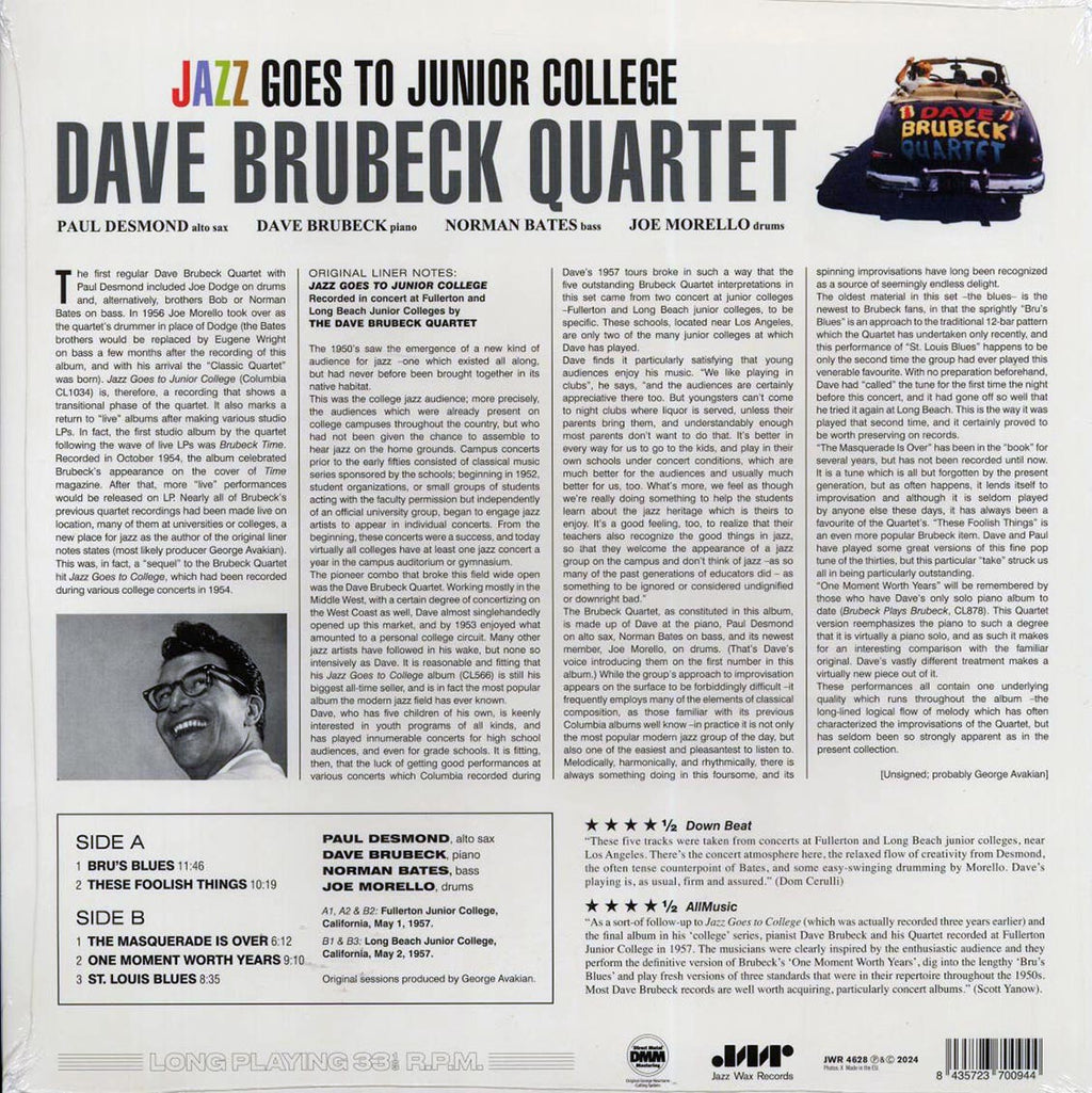 Dave Brubeck Quartet - Jazz Goes To Junior College (ltd. ed.) (180g) vinyl LP back cover