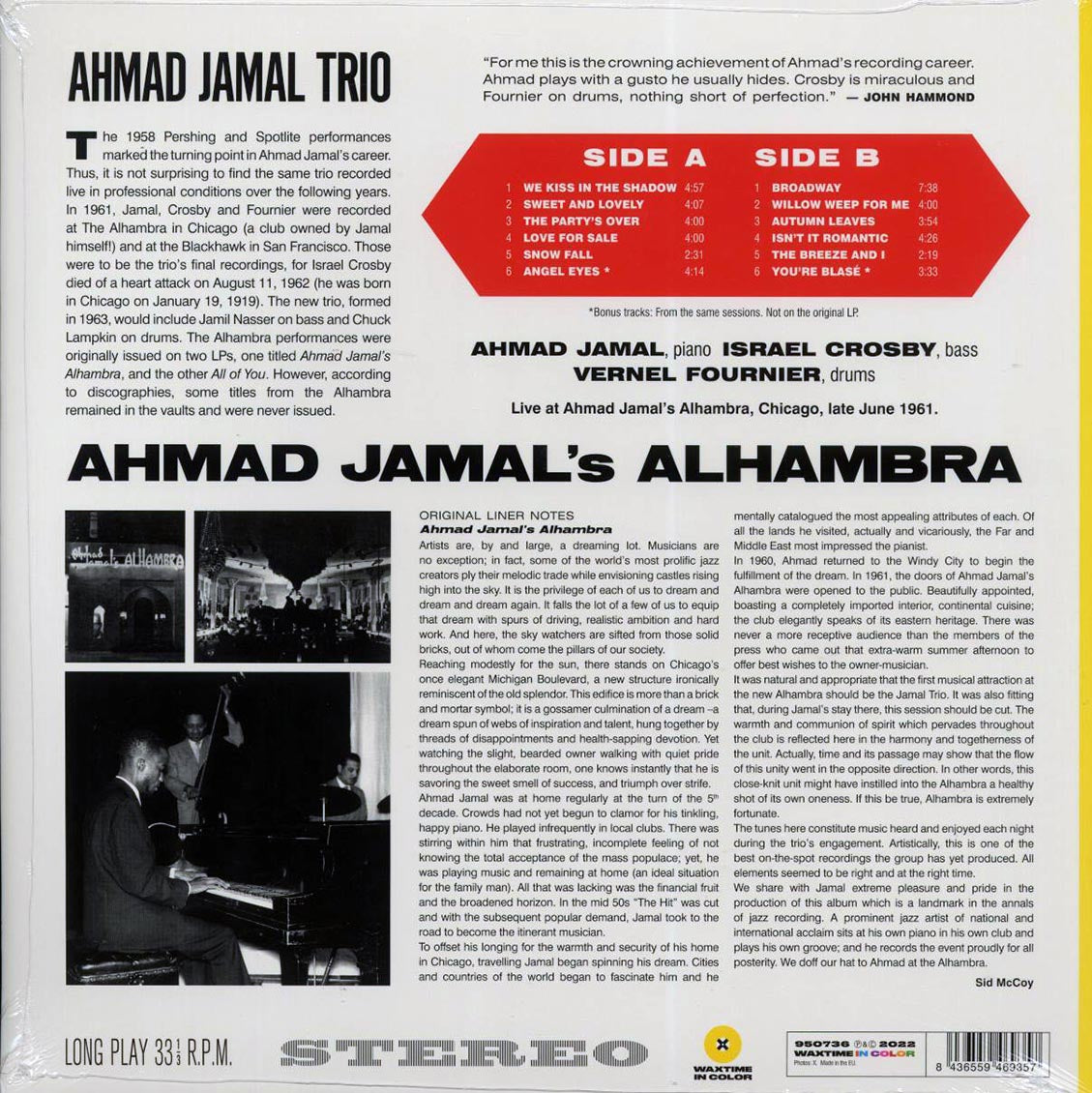Ahmad Jamal - Ahmad Jamal's Alhambra (+2 bonus tracks) (ltd. ed.) (180g) (yellow vinyl) vinyl LP back cover
