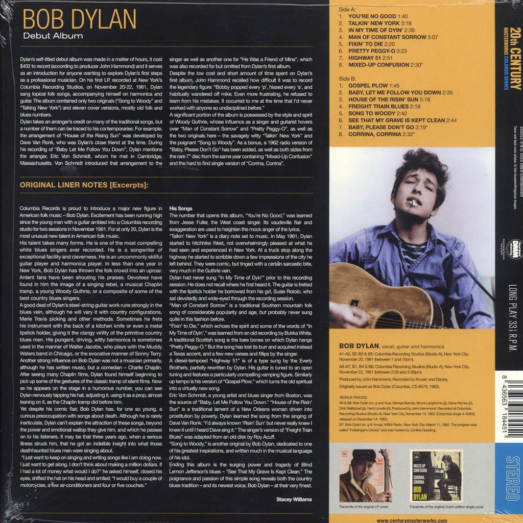 Bob Dylan - Bob Dylan (+3 bonus tracks) (ltd. ed.) (180g) (blue vinyl) vinyl LP back cover