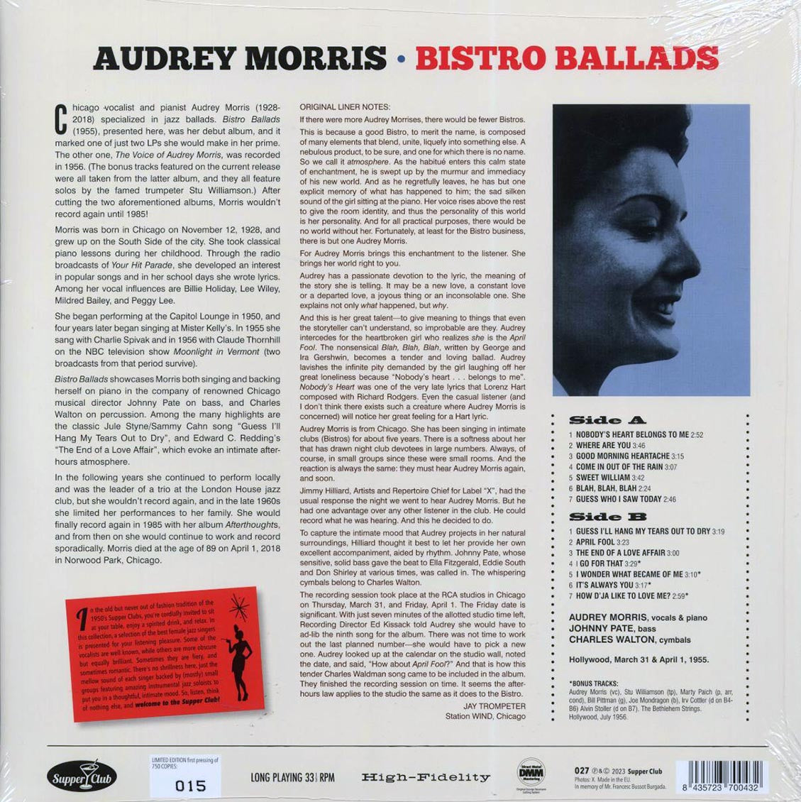 Audrey Morris - Bistro Ballads Sung By Audrey Morris (+4 bonus tracks) (ltd. ed.) (180g) vinyl LP back cover