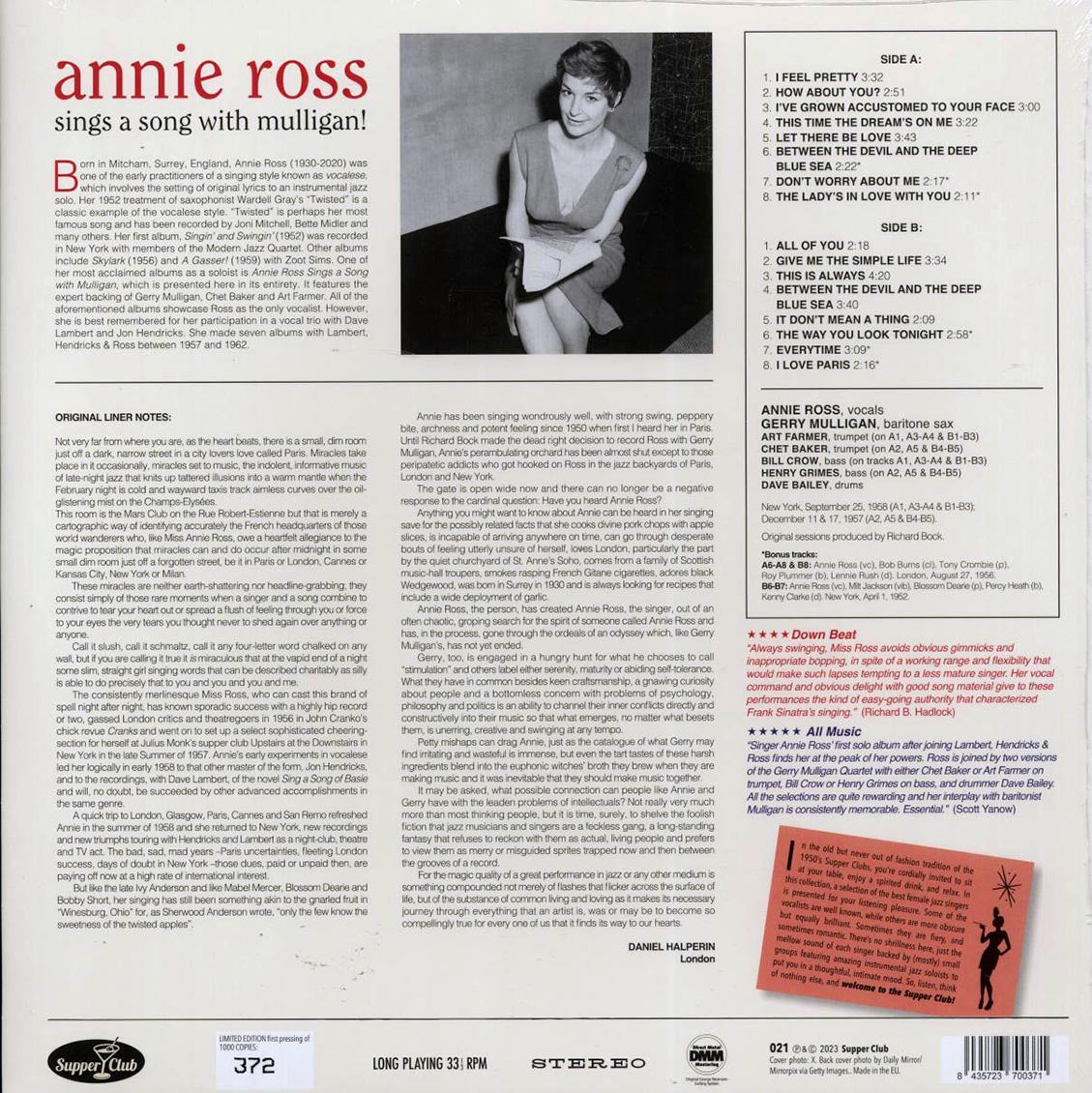 Annie Ross - Sings A Song With Mulligan! (+6 bonus tracks) (ltd. ed.) (180g) vinyl LP back cover