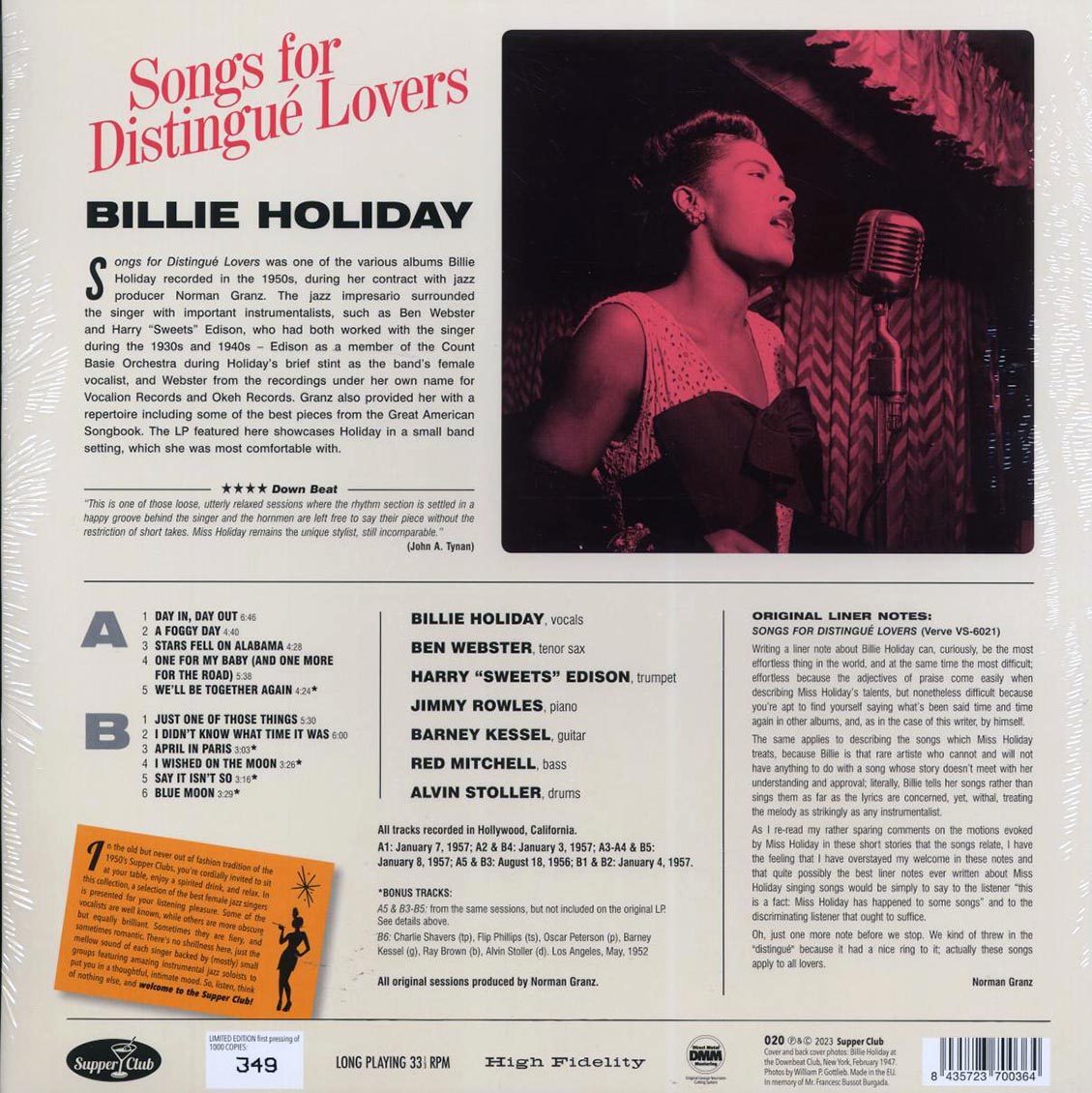 Billie Holiday - Songs For Distingue Lovers (+5 bonus tracks) (ltd. ed.) (180g) vinyl LP back cover
