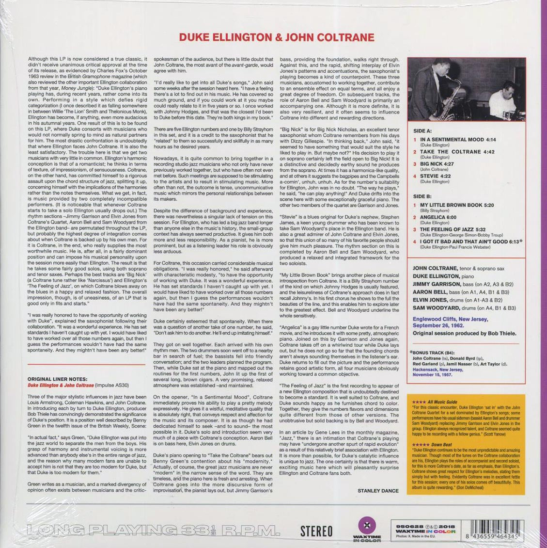 Duke Ellington, John Coltrane - Duke Ellington & John Coltrane (+bonus track) (180g) (purple vinyl) (remastered) vinyl LP back cover