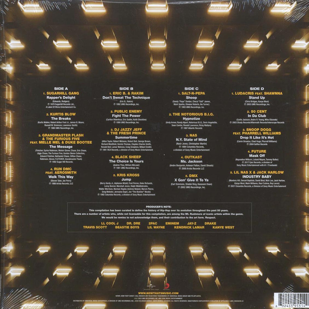 Sugarhill Gang, Grandmaster Flash, Public Enemy, Nas, Notorious BIG, OutKast, 50 Cent, Snoog Dogg, Future, Run-DMC, Etc. - Now That's What I Call Hip-Hop At 50 (2xLP) (black ice vinyl) vinyl LP back cover