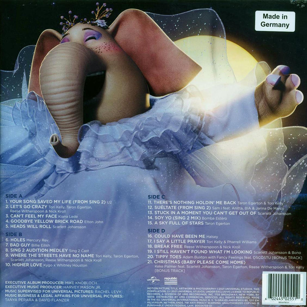 Elton John, Billie Eilish, U2, Halsey, Etc. - Sing 2: Original Motion Picture Soundtrack (ltd. ed.) (2xLP) (purple marble) vinyl LP back cover