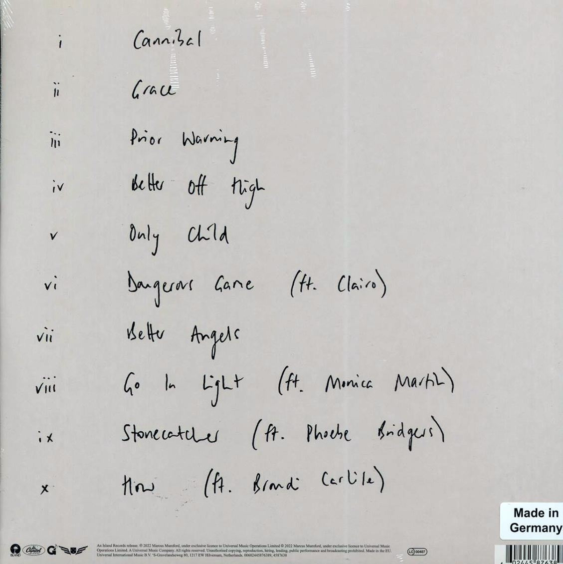 Marcus Mumford - Self-titled (180g) vinyl LP back cover
