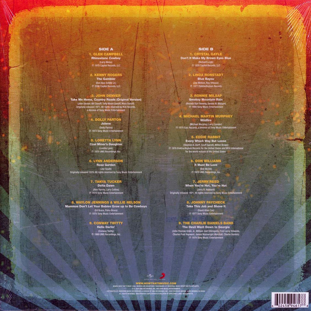 Dolly Parton, John Denver, Kenny Rogers, The Charlie Daniels Band, Jerry Reed, Etc. - Now That’s What I Call Country Classics 70s (orange vinyl) vinyl LP back cover