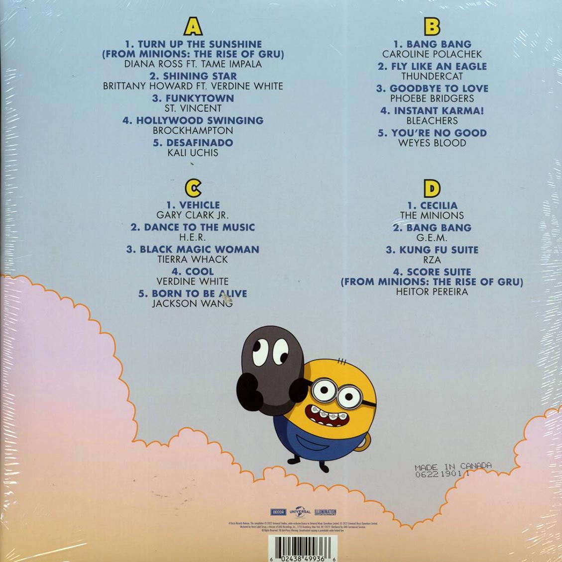 Diana Ross, Tame Impala, Brittany Howard, St. Vincent, Etc. - Minions: The Rise Of Gru Original Motion Picture Soundtrack (2xLP) (yellow vinyl) vinyl LP back cover