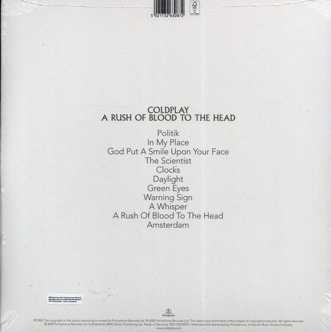 Coldplay - A Rush Of Blood To The Head (clear vinyl) vinyl LP back cover