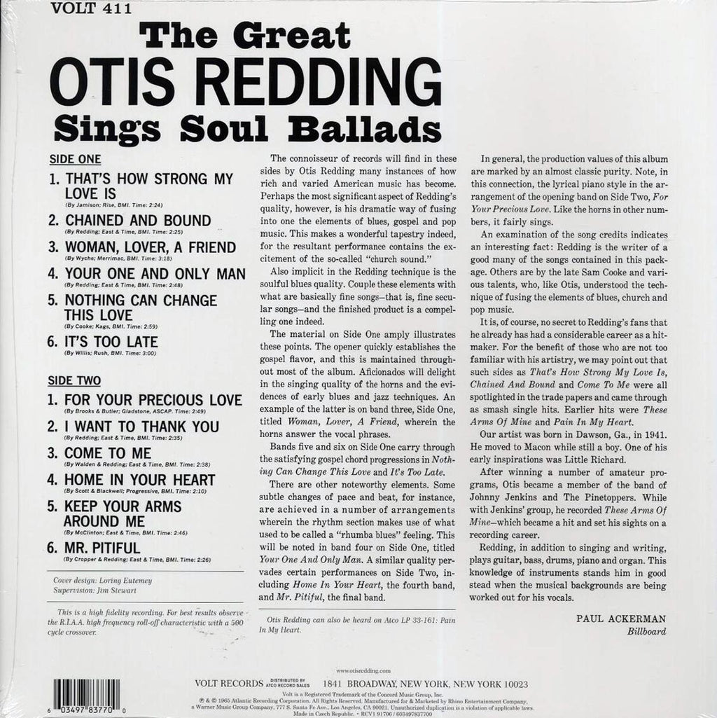 Otis Redding - The Great Otis Redding Sings Soul Ballads (mono) (ltd. ed.) (blue vinyl) vinyl LP back cover