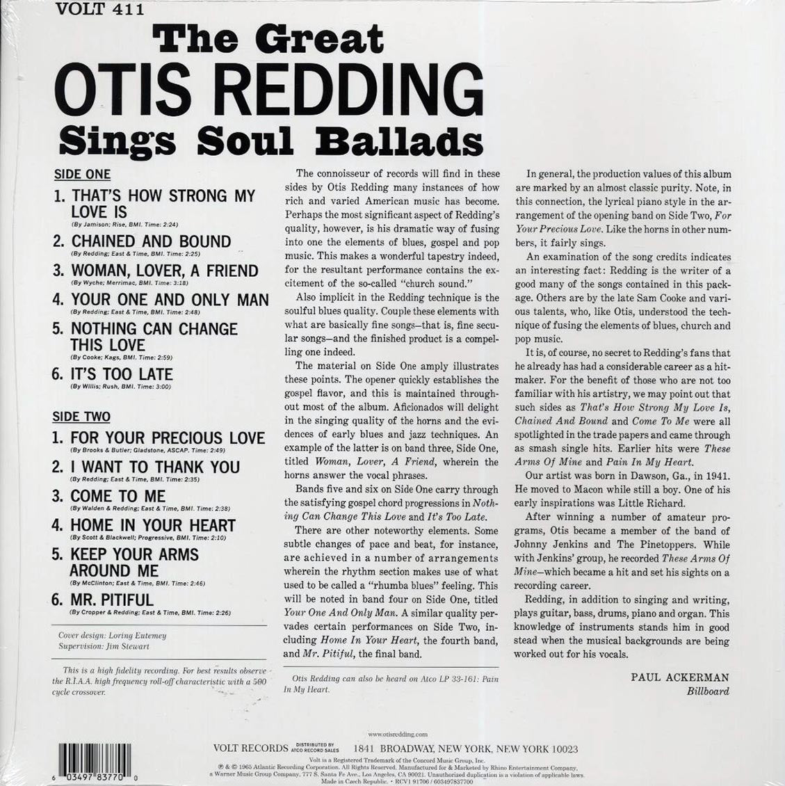 Otis Redding - The Great Otis Redding Sings Soul Ballads (mono) (ltd. ed.) (blue vinyl) vinyl LP back cover