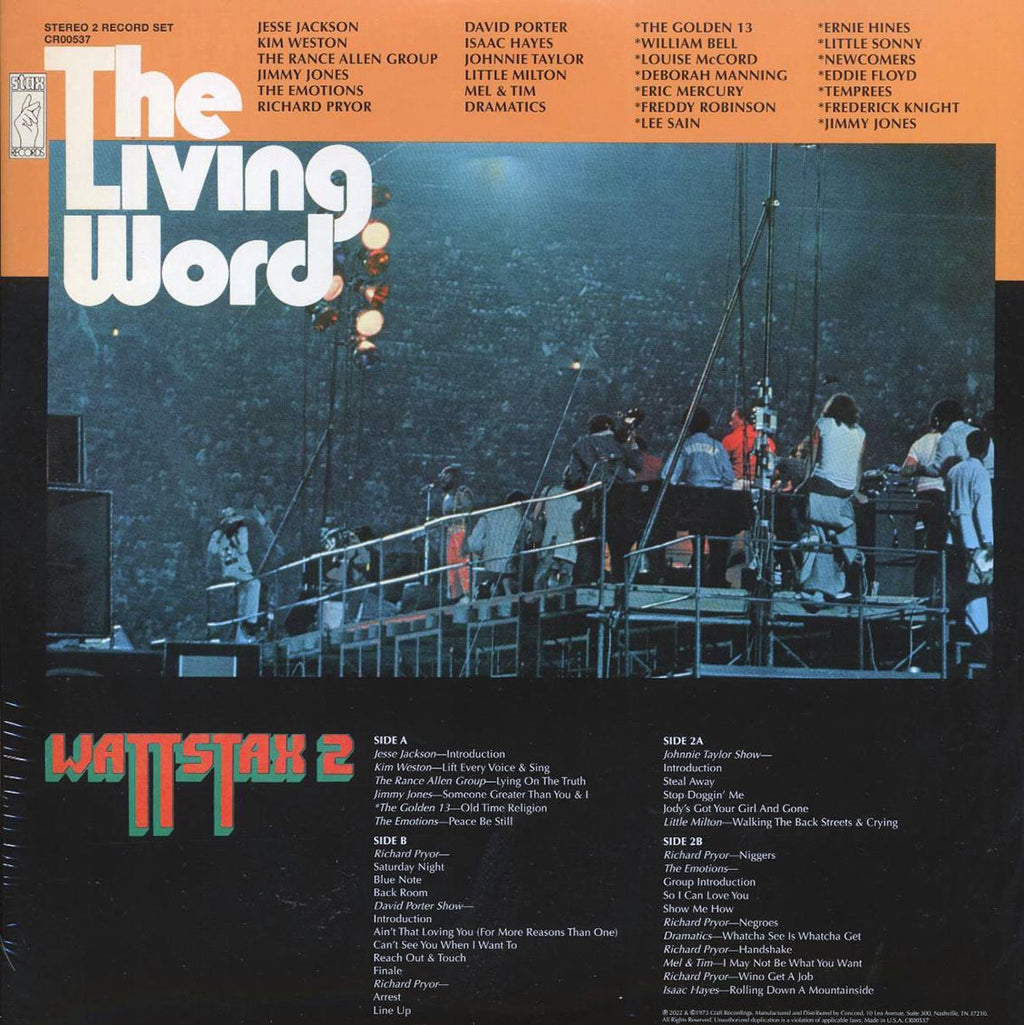 Isaac Hayes, The Emotions, Richard Pryor, David Porter Show, Etc. - The Living Word: Wattstax 2 (50th Anniv. Ed.) (2xLP) vinyl LP back cover