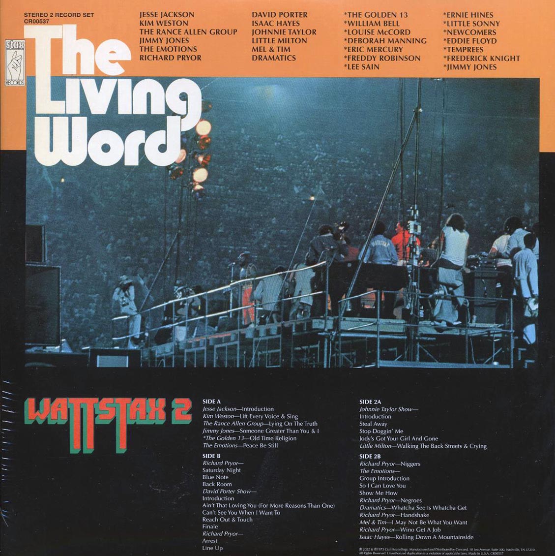 Isaac Hayes, The Emotions, Richard Pryor, David Porter Show, Etc. - The Living Word: Wattstax 2 (50th Anniv. Ed.) (2xLP) vinyl LP back cover