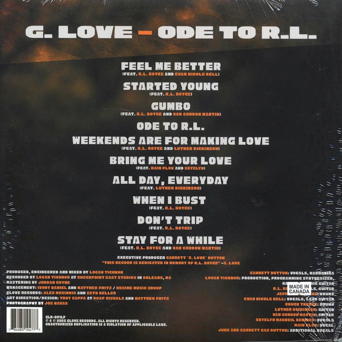 G Love - Ode To R.L. (RSD 2025) vinyl LP back cover