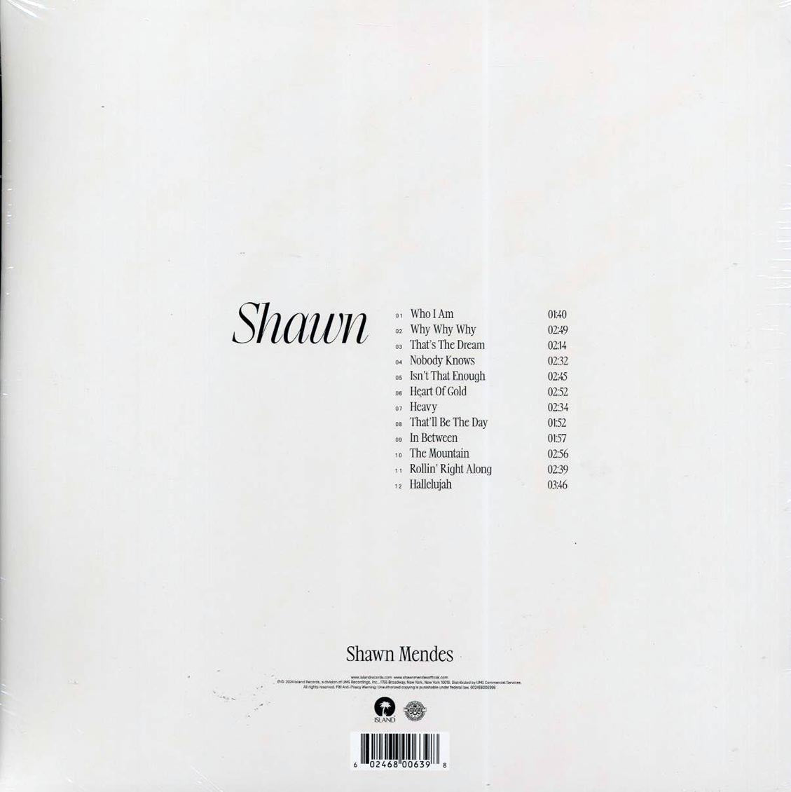 Shawn Mendes - Shawn (milky clear vinyl) vinyl LP back cover