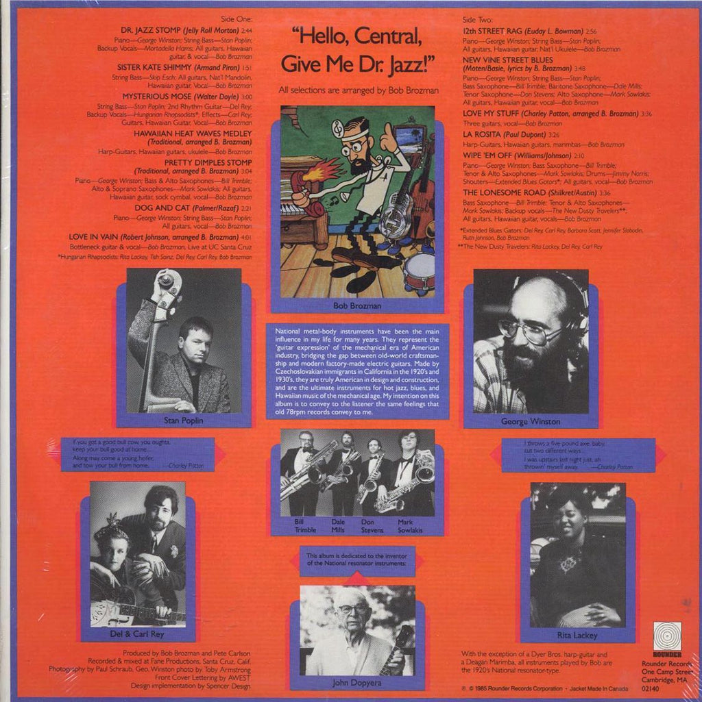 Bob Brozman - Hello Central Give Me Dr. Jazz (1985 FIRST PRESS) vinyl LP back cover