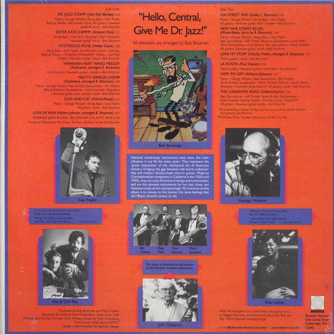 Bob Brozman - Hello Central Give Me Dr. Jazz (1985 FIRST PRESS) vinyl LP back cover