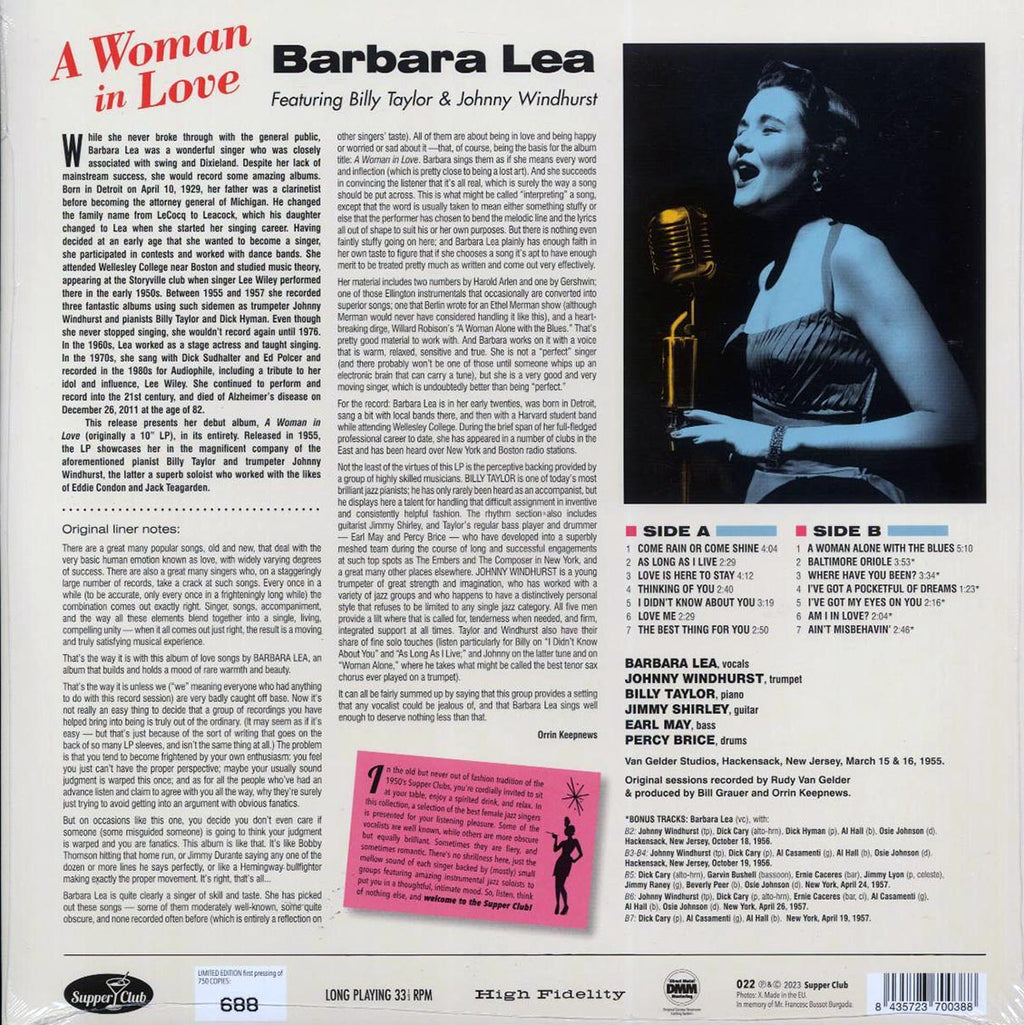 Barbara Lea, Billy Taylor And His Trio, Johnny Windhurst - A Woman In Love (+6 bonus tracks) (180g) vinyl LP back cover
