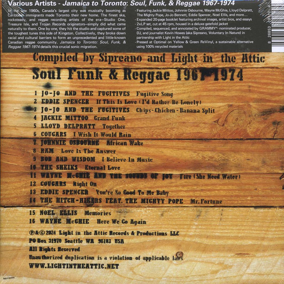 Jackie Mittoo, Johnny Osbourne, Noel Ellis, Cougars, Etc. - Jamaica To Toronto: Soul Funk & Reggae 1967-1974 (RSD 2024) (ltd. ed.) (2xLP) (yellow/green marbled vinyl) vinyl LP back cover