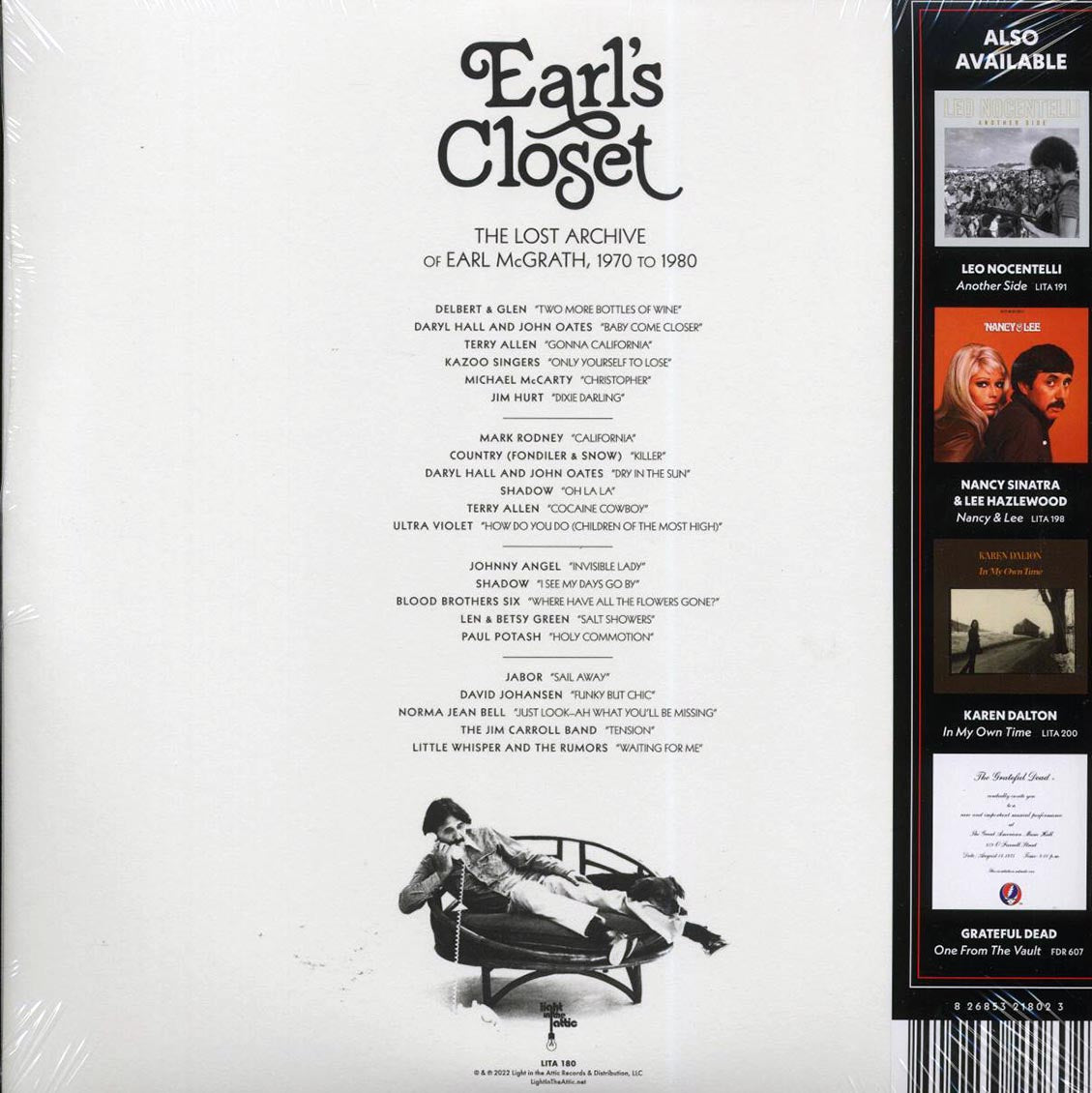 Daryl Hall & John Oates, Kazoo Singers, Delbert & Glen, Terry Allen, Etc. - Earl's Closet: The Lost Archive Of Earl McGrath, 1970 To 1980 (ltd. ed.) (2xLP) (cocktail party clear vinyl) vinyl LP back cover