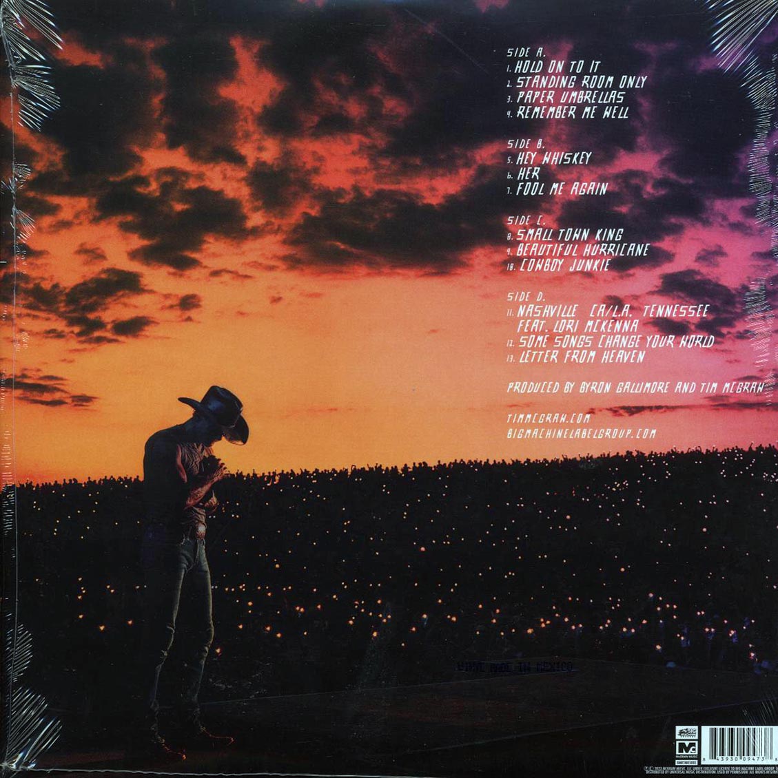 Tim McGraw - Standing Room Only (2xLP) (clear vinyl) vinyl LP back cover