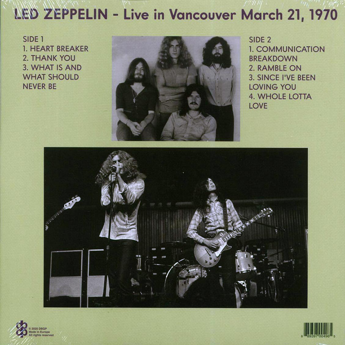 Led Zeppelin - Mudslide: Live In Vancouver March 21, 1970 vinyl LP back cover