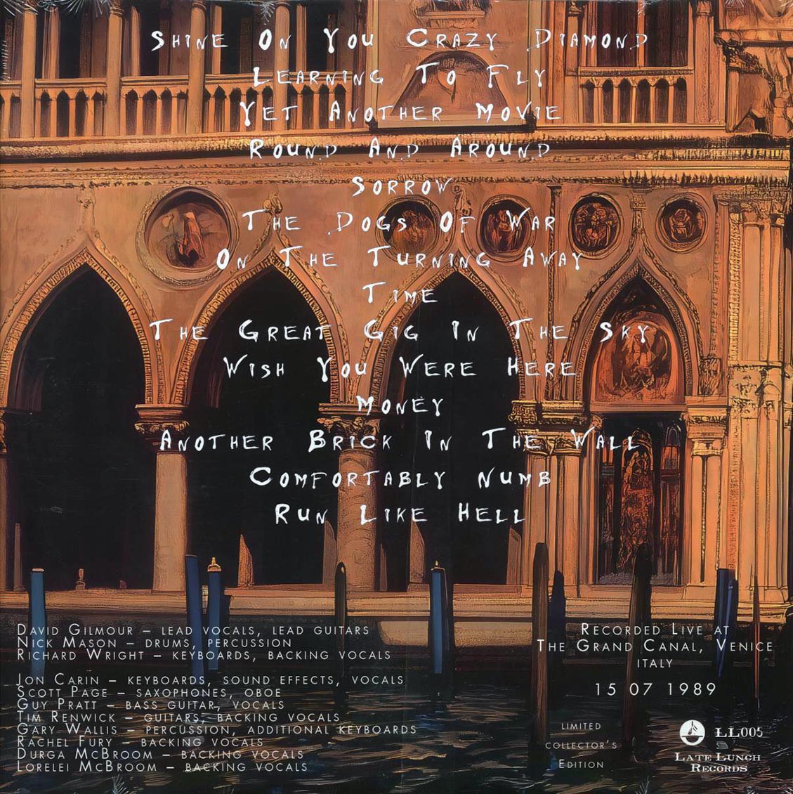 Pink Floyd - Venezia: Live At The Grand Canal, Venice July 15 1989 (ltd. ed.) (2xLP) vinyl LP back cover