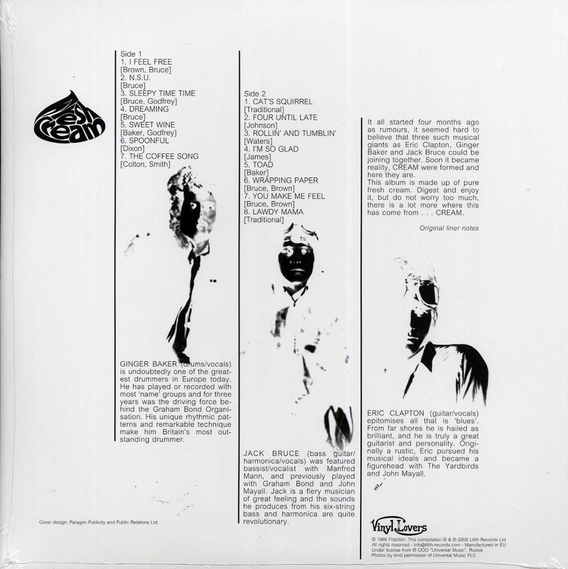 Cream - Fresh Cream (+5 bonus tracks) (180g) vinyl LP back cover