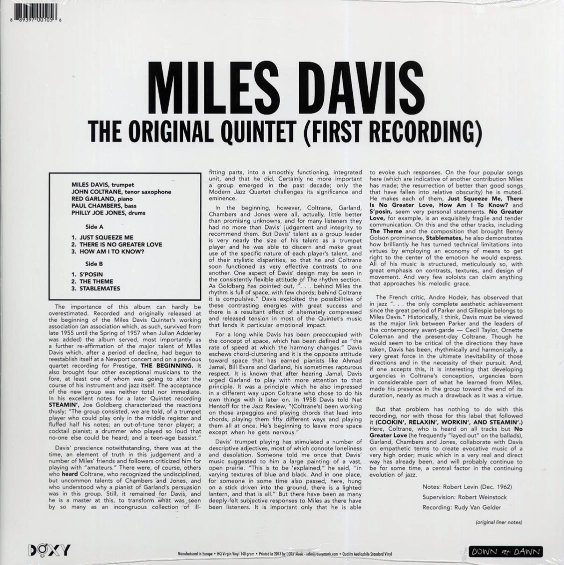 Miles Davis - The Original Quintet: First Recording vinyl LP back cover