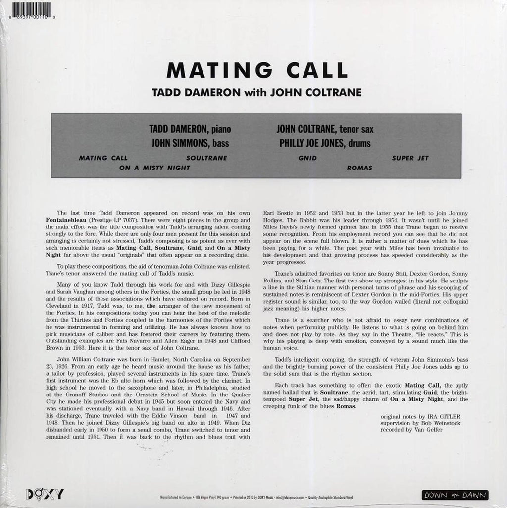 John Coltrane, Tadd Dameron - Mating Call vinyl LP back cover