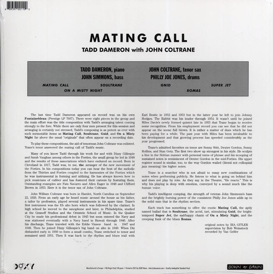 John Coltrane, Tadd Dameron - Mating Call vinyl LP back cover