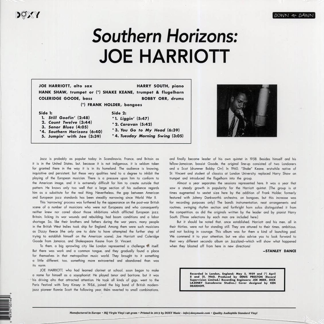 Joe Harriott Quintet And Sextet - Southern Horizons vinyl LP back cover