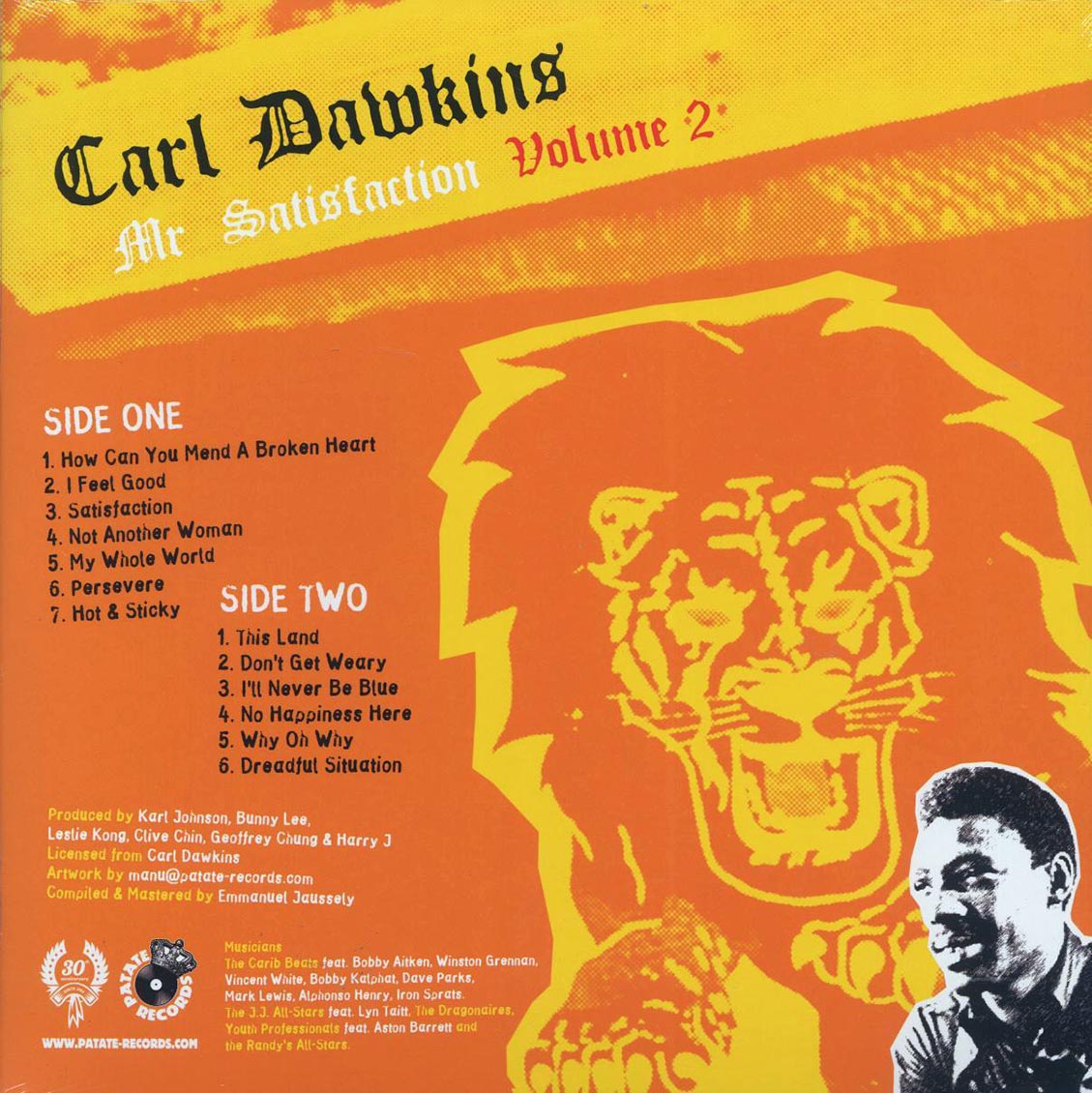 Carl Dawkins - Mr. Satisfaction Volume 2: 13 Hot Soulful Rocksteady & Reggae Tunes From 1966-1976 vinyl LP back cover