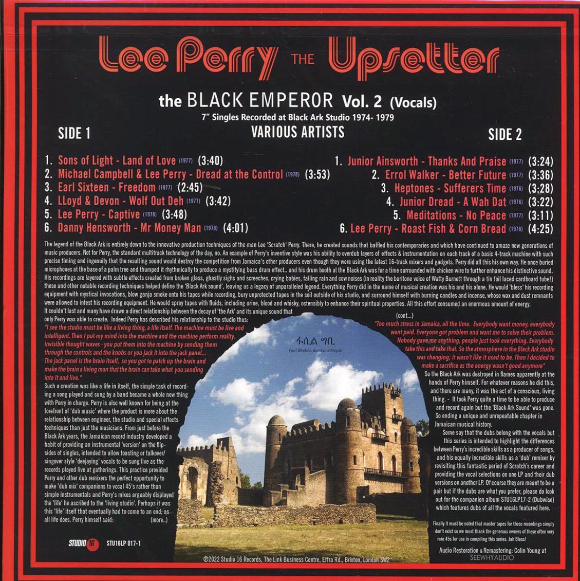 Lee Perry, Jr, Dread, Mikey Dread, Sons Of Light, Meditations, Etc. - The Black Emperor Volume 2 Vocals: 7" Singles Recorded At Black Ark Studio 1974-1979 vinyl LP back cover