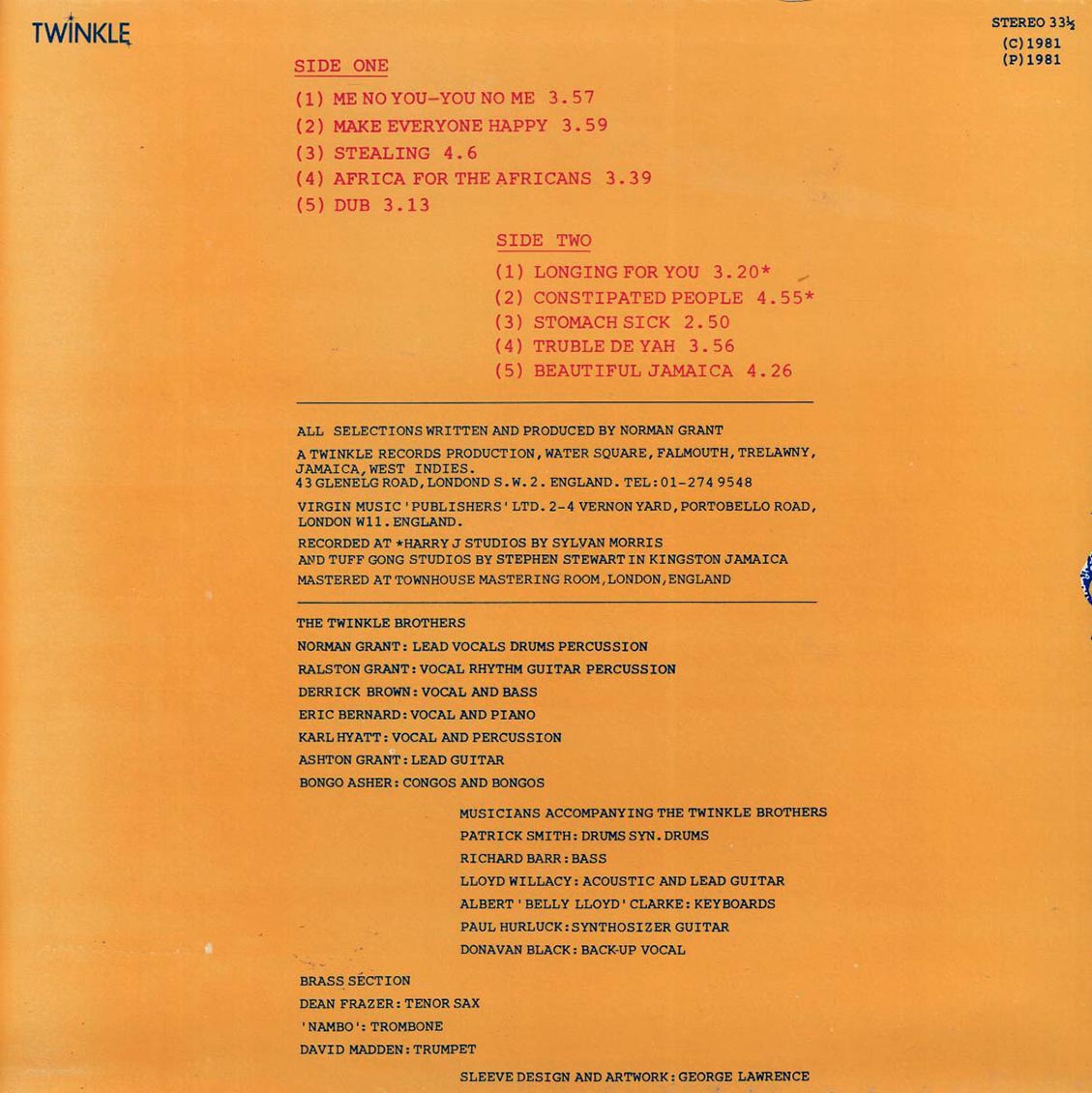 Twinkle Brothers - Me No You, You No Me vinyl LP back cover