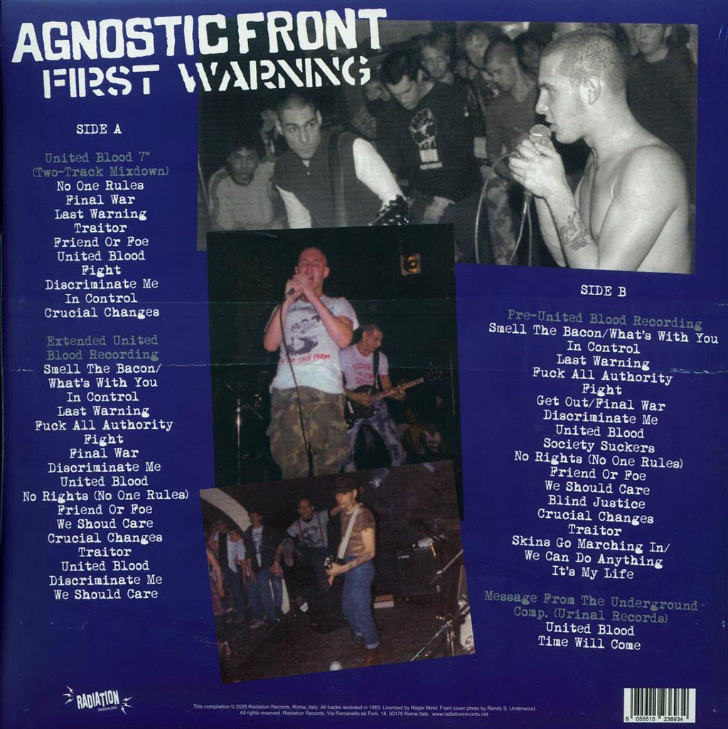 Agnostic Front - First Warning: The United Blood Era Recordings, New York City, 1983 (ltd. ed.) (blue vinyl) vinyl LP back cover